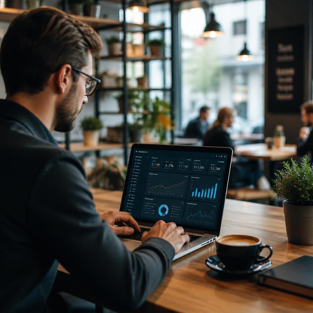 Profissional trabalhando com dashboards de dados em um notebook